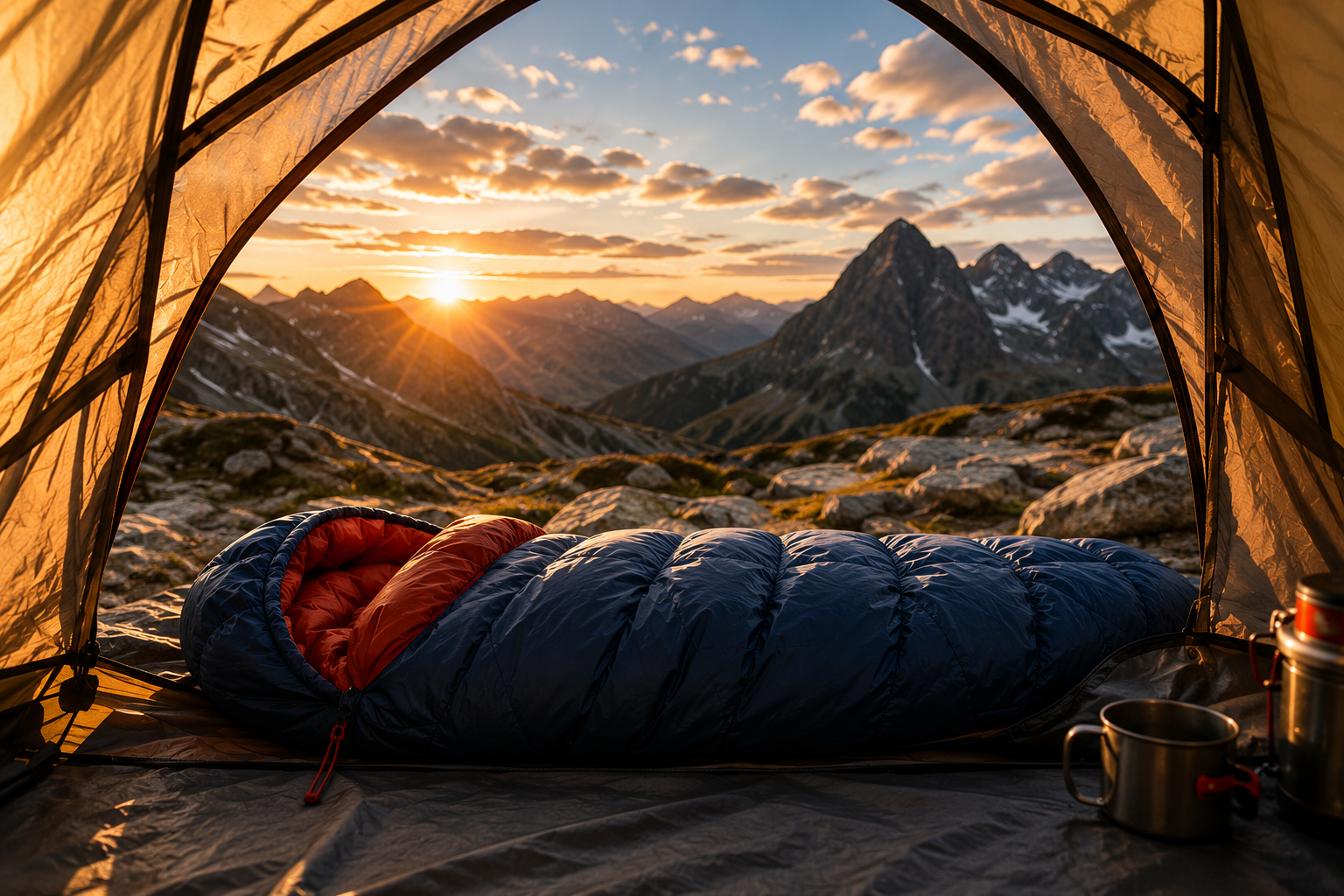 Duvet de bivouac installé dans une tente en montagne