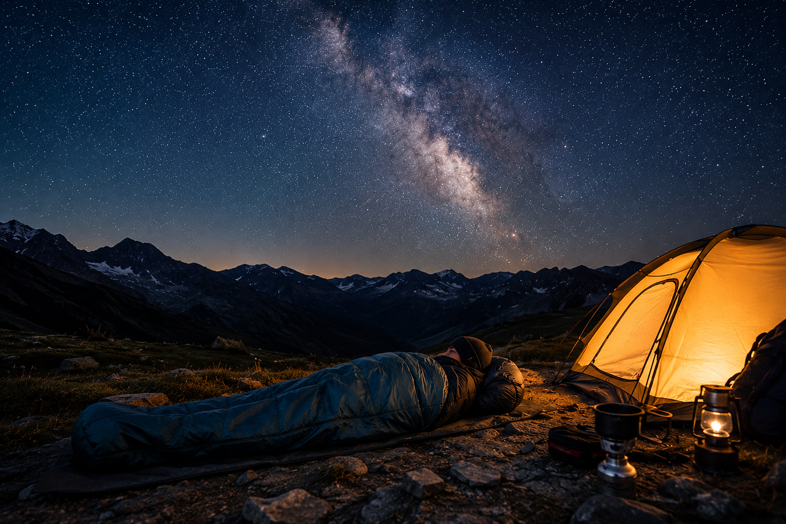 Bivouac de nuit avec duvet et matériel outdoor