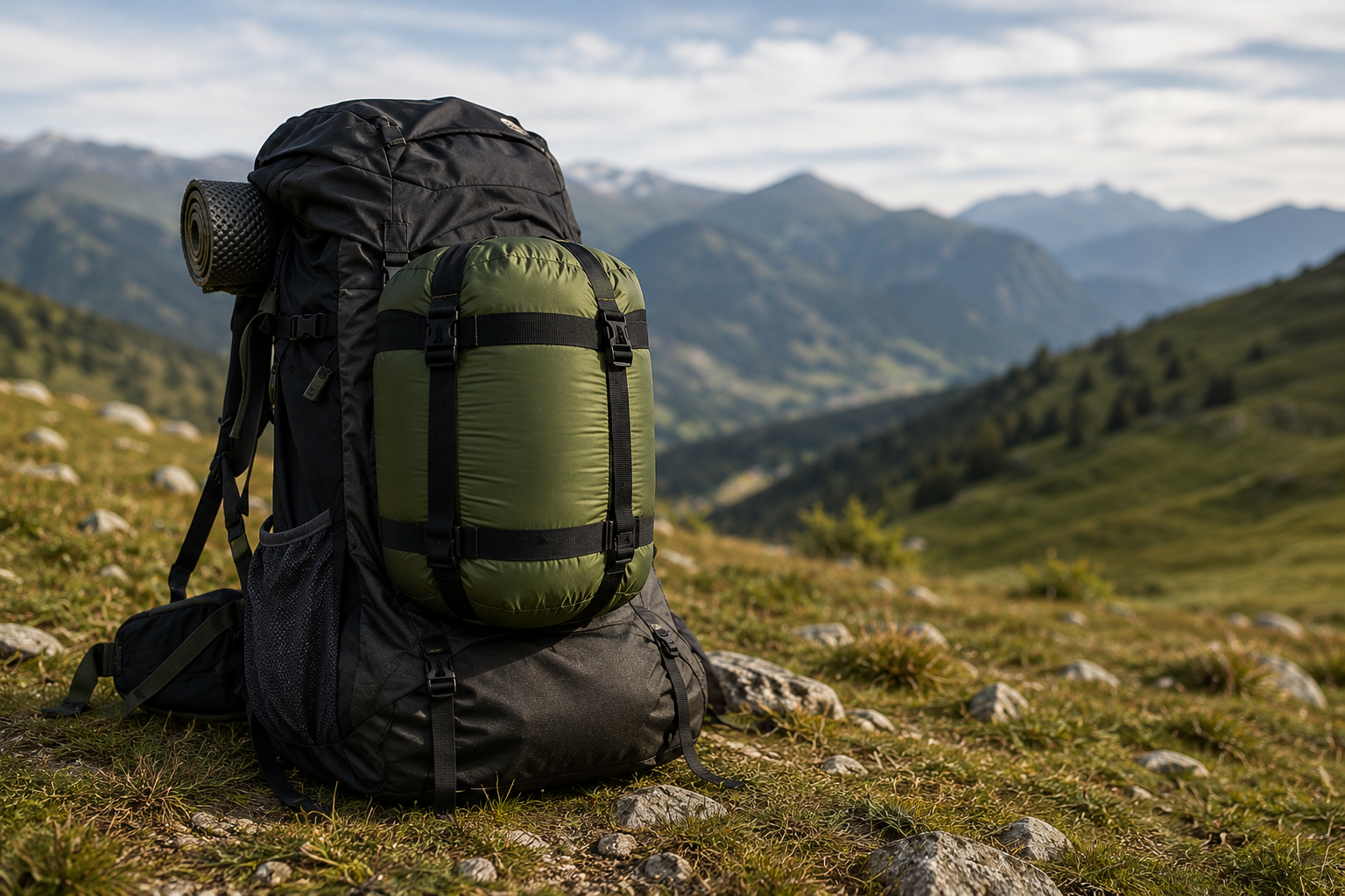 Duvet compressible rangé dans un sac à dos de randonnée